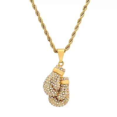 Men's 18k gold plated stainless steel and simulated diamonds boxing gloves pair pendant