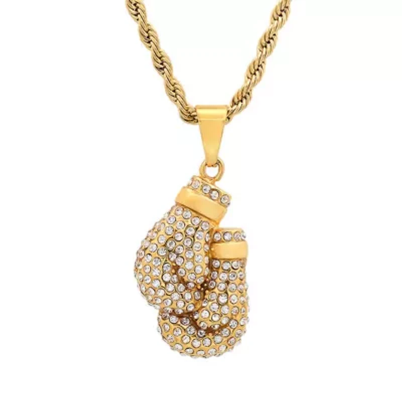 Men's 18k gold plated stainless steel and simulated diamonds boxing gloves pair pendant