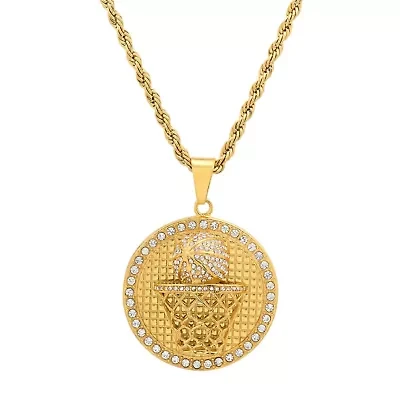 Lab Created Men's 18k gold plated stainless steel and simualated diamonds round basketball pendant