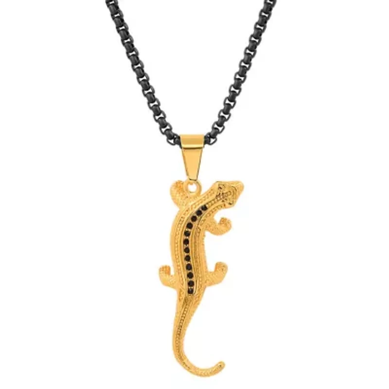 Men's two tone black ip and 18k gold plated stainless steel with simulated diamonds lizard pendant