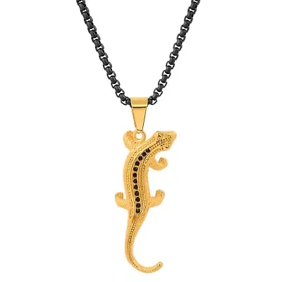 Men's two tone black ip and 18k gold plated stainless steel with simulated diamonds lizard pendant
