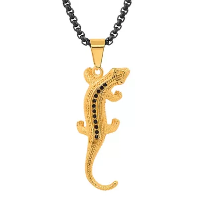 Men's two tone black ip and 18k gold plated stainless steel with simulated diamonds lizard pendant