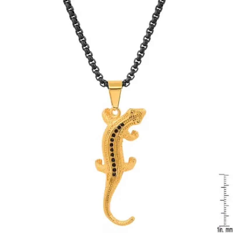 Men's two tone black ip and 18k gold plated stainless steel with simulated diamonds lizard pendant