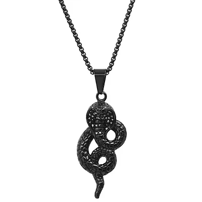 Lab Created Men's black ip stainless steel and simulated black diamonds cobra pendant