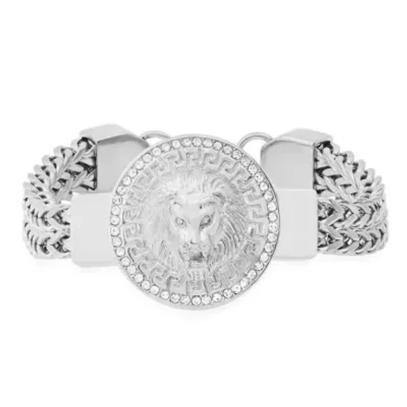 Men's stainless steel double row wheat chain and simulated diamonds lion head round charm bracelet with greek key accents