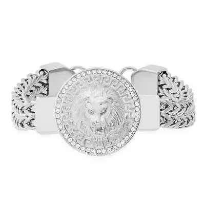 Men's stainless steel double row wheat chain and simulated diamonds lion head round charm bracelet with greek key accents