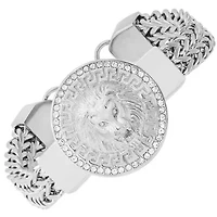 Men's stainless steel double row wheat chain and simulated diamonds lion head round charm bracelet with greek key accents