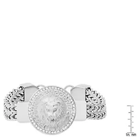 Men's stainless steel double row wheat chain and simulated diamonds lion head round charm bracelet with greek key accents
