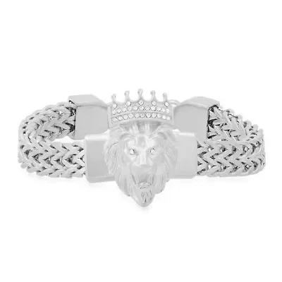 Men's stainless steel double row wheat chain links and simulated diamonds lion head bracelet