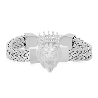 Men's stainless steel double row wheat chain links and simulated diamonds lion head bracelet