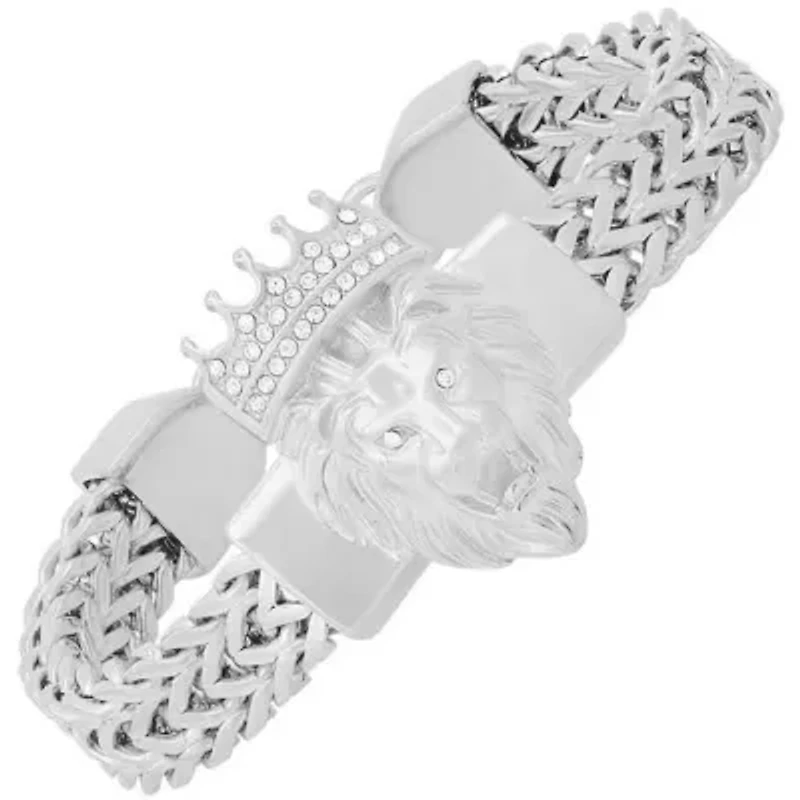 Men's stainless steel double row wheat chain links and simulated diamonds lion head bracelet
