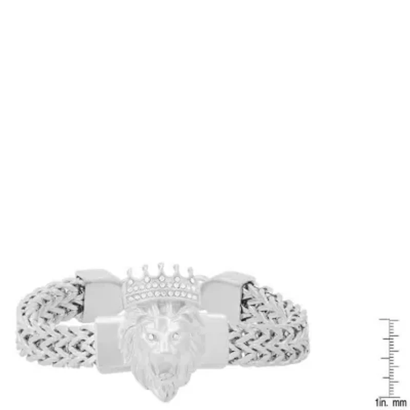 Men's stainless steel double row wheat chain links and simulated diamonds lion head bracelet