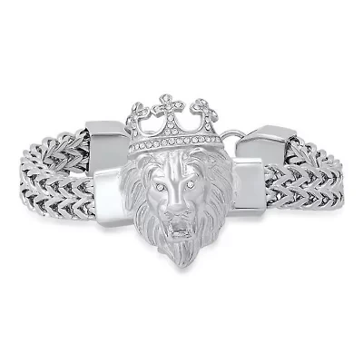 Men's stainless steel double row wheat chain links and simulated diamonds lion head bracelet