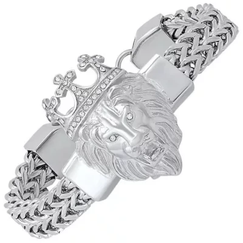 Men's stainless steel double row wheat chain links and simulated diamonds lion head bracelet