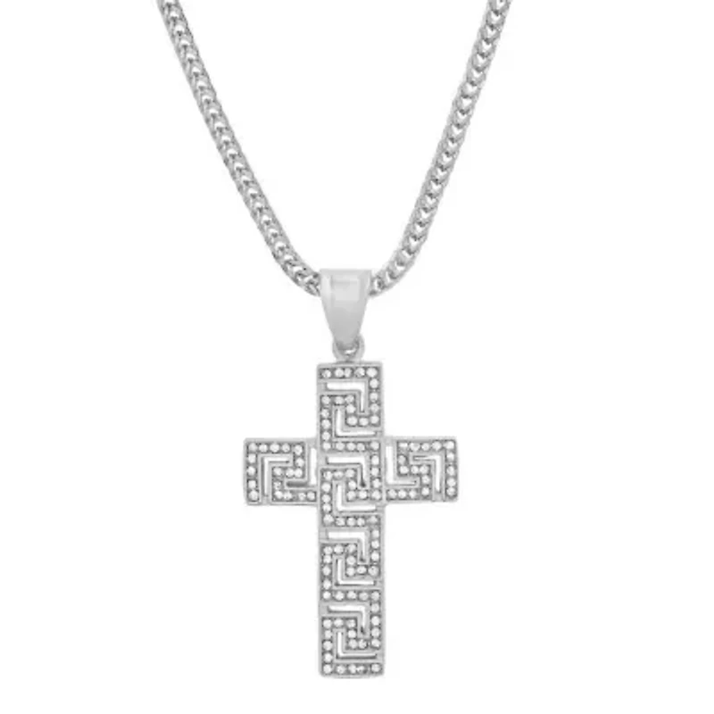 Men's stainless steel and simulated diamonds cross pendant with greek key accents