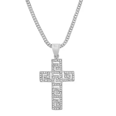Men's stainless steel and simulated diamonds cross pendant with greek key accents