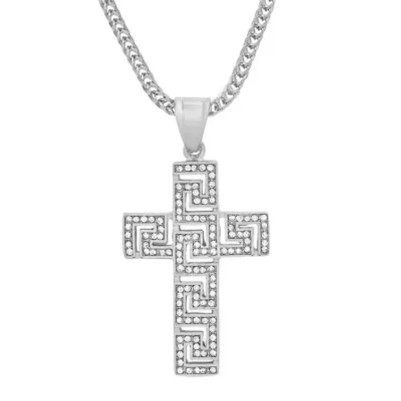 Men's stainless steel and simulated diamonds cross pendant with greek key accents
