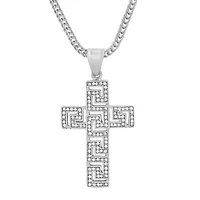Men's stainless steel and simulated diamonds cross pendant with greek key accents