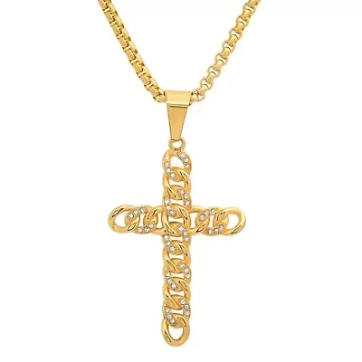Lab Created Men's 18k gold plated stainless steel and simulated diamonds cross pendant