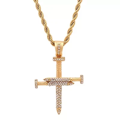 Lab Created Men's 18k gold plated stainless steel simulated diamond nail style cross pendant
