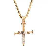 Lab Created Men's 18k gold plated stainless steel simulated diamond nail style cross pendant