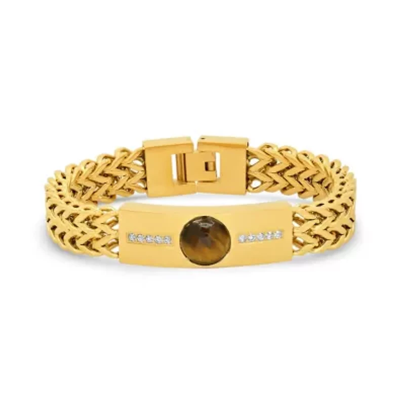 Men's 18k gold plated stainless steel tiger eye and simulated diamonds double wheat link bracelet