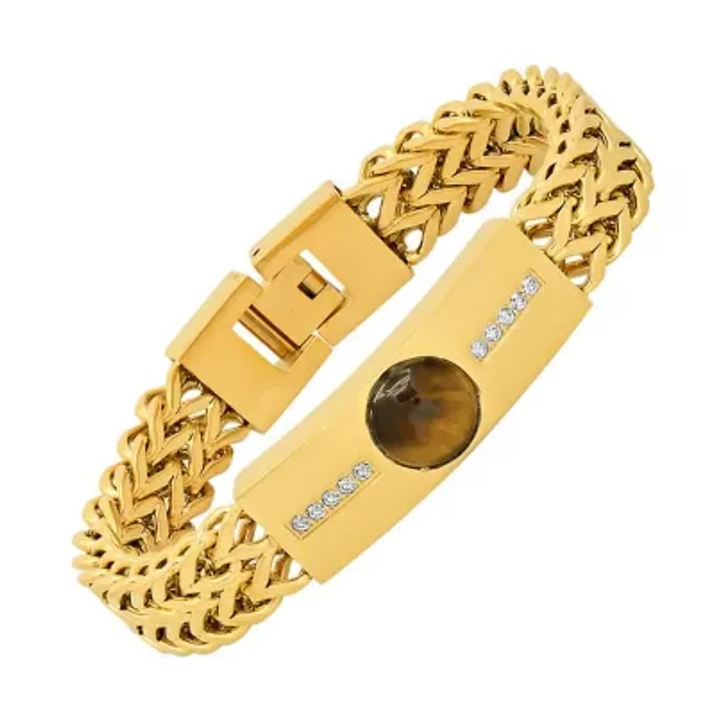 Men's 18k gold plated stainless steel tiger eye and simulated diamonds double wheat link bracelet