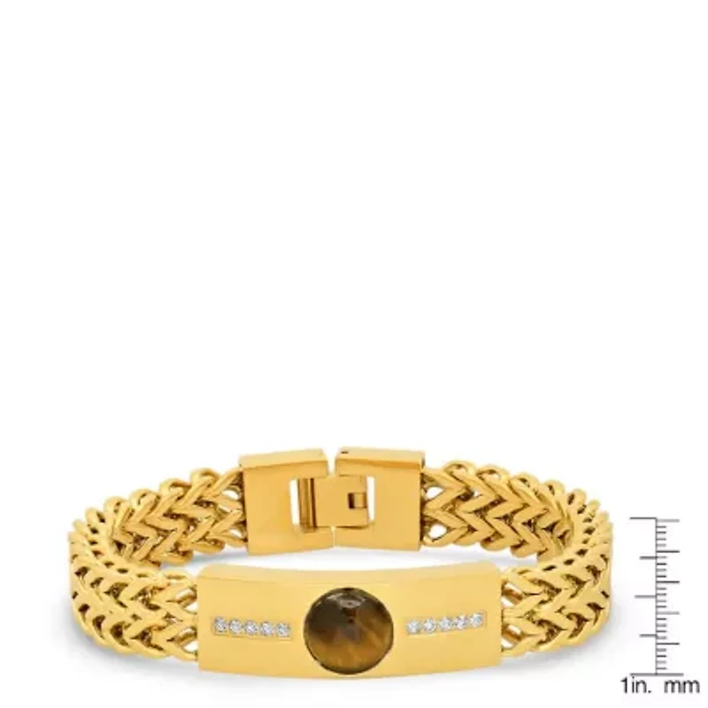 Men's 18k gold plated stainless steel tiger eye and simulated diamonds double wheat link bracelet