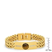 Men's 18k gold plated stainless steel tiger eye and simulated diamonds double wheat link bracelet