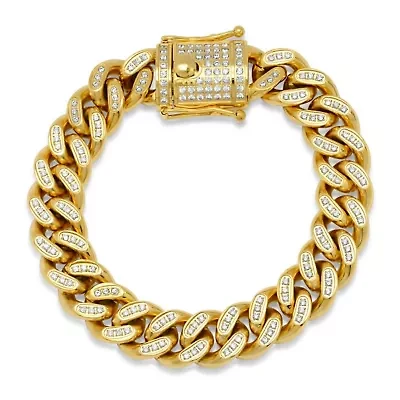 Lab Created Men's 18k gold plated stainless steel and simulated diamonds 14mm cuban link chain bracelet