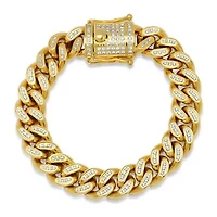 Lab Created Men's 18k gold plated stainless steel and simulated diamonds 14mm cuban link chain bracelet