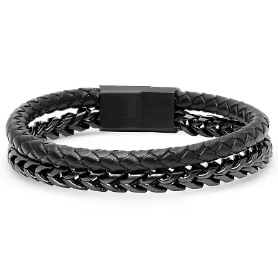Minoxia Men's double layered black leather and stainless steel franco chain link bracelet
