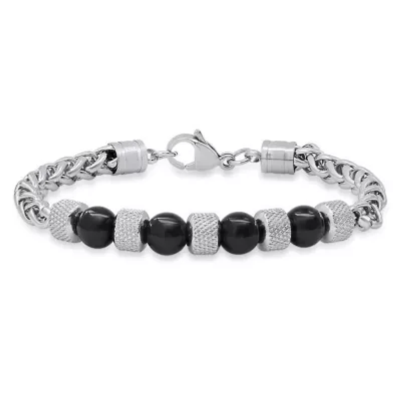 Men's stainless steel wheat chain and black agate beads bracelet