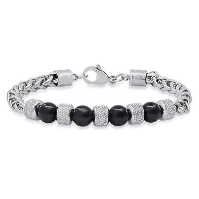Men's stainless steel wheat chain and black agate beads bracelet