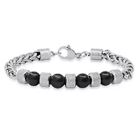 Men's stainless steel wheat chain and black agate beads bracelet