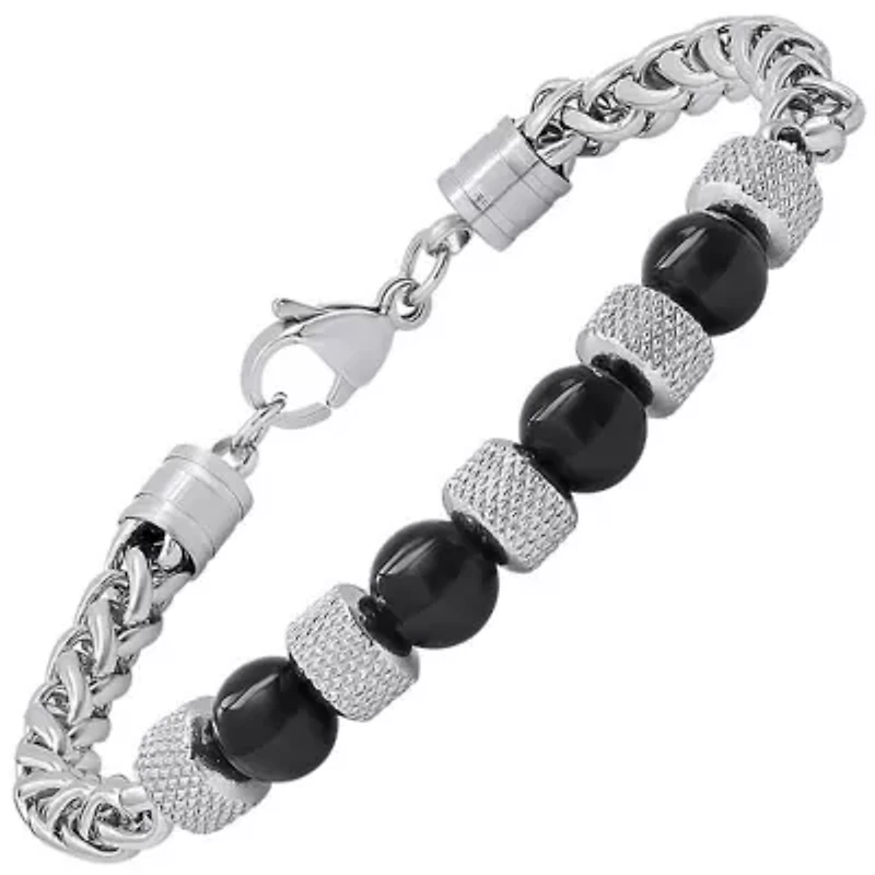 Men's stainless steel wheat chain and black agate beads bracelet