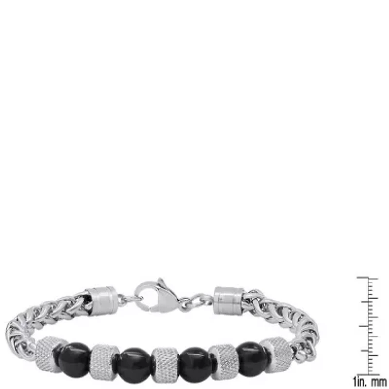 Men's stainless steel wheat chain and black agate beads bracelet