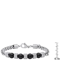 Men's stainless steel wheat chain and black agate beads bracelet