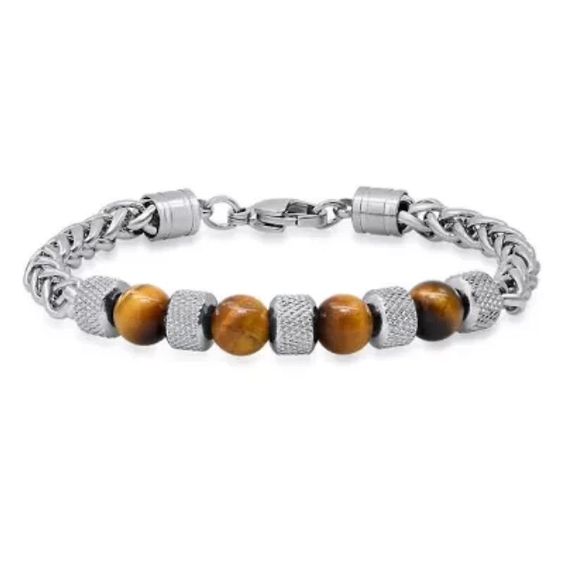 Men's stainless steel wheat chain and tiger eye beads bracelet