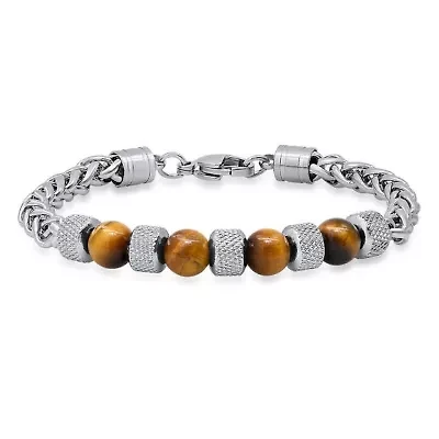 Men's stainless steel wheat chain and tiger eye beads bracelet