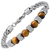Men's stainless steel wheat chain and tiger eye beads bracelet
