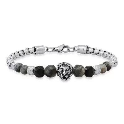 Men's stainless steel curb chain link bracelet and black/gray agate stones with lion charm