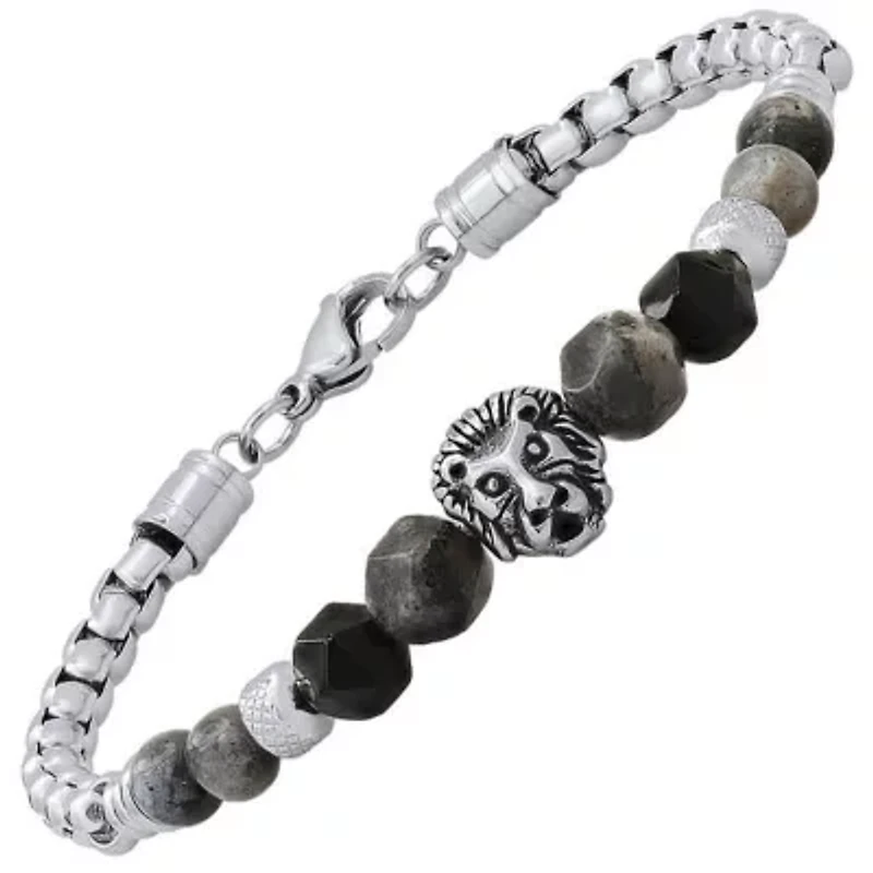 Men's stainless steel curb chain link bracelet and black/gray agate stones with lion charm