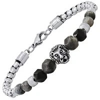 Men's stainless steel curb chain link bracelet and black/gray agate stones with lion charm