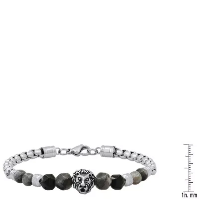 Men's stainless steel curb chain link bracelet and black/gray agate stones with lion charm