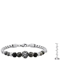 Men's stainless steel curb chain link bracelet and black/gray agate stones with lion charm
