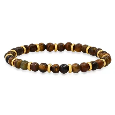Men's tiger eye and 18k gold plated stainless steel beaded bracelet