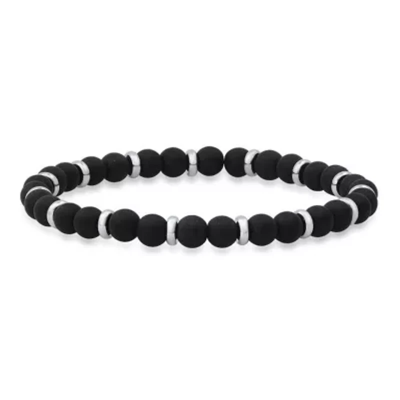Men's black lava and stainless steel beaded bracelet