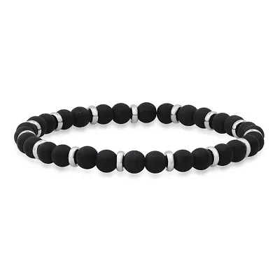 Men's black lava and stainless steel beaded bracelet