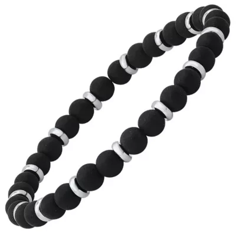 Men's black lava and stainless steel beaded bracelet